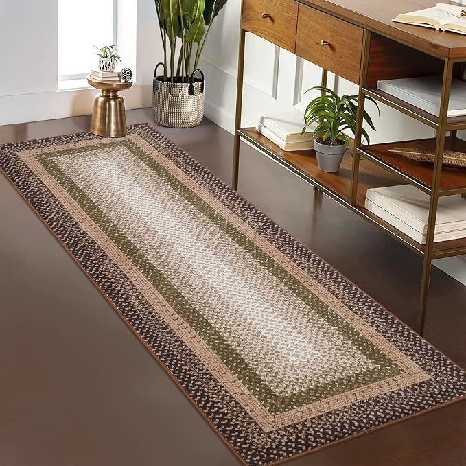 RUGSREAL Hallway Runner Rug 2x6 Braided Machine Washable Kitchen Rugs | Low Pile Farmhouse Runner Non Slip Stain Resistant Rustic Runners Modern Printed Carpet for Living Room Bedroom, Moss/Brown