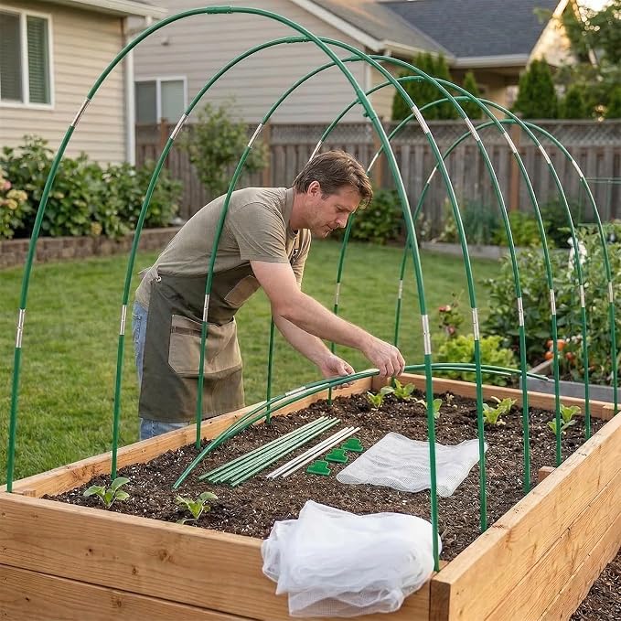 Garden Netting Kit for Raised Beds, 10x30FT Plant Cover Ultra Fine Mesh Netting & 6 Sets Fiberglass Garden Hoops & 18 Clip, Vegetable Plants Fruits Row Cover Birds Animals Barrier Protection Net