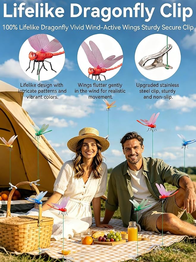 32 Pack Dragonfly Clips for Bugs Repellent, Fake Dragonflies with Stakes, Dragonfly Clip Bug Repellent, Dragon Fly Deterrent Clips for for Yard, Hat, Horse and Deer, Indoor & Outdoor Garden Decor