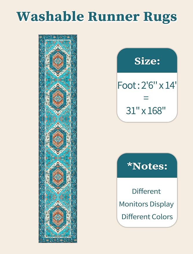 SERISSA 2'6"x14' Washable Non Slip Boho Runner Rug for Hallway，Blue | Ultra Soft Vintage Oriental Carpet Low-Pile Tribal Floor Carpet for Kitchen Bedroom Entryway Bathroom Laundry Room