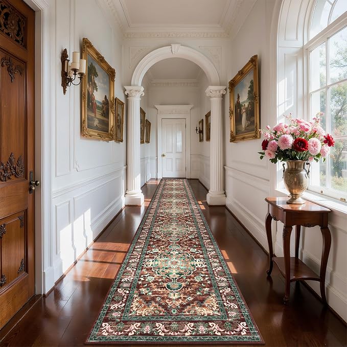 U'Artlines 3' x 20' Boho Hallway Runner Rug, Washable Carpet, Rust＆Teal | Non Slip, Vintage Farmhouse Accent Area Rug Carpet, for Bedroom, Dining Room, Laundry and Living Room