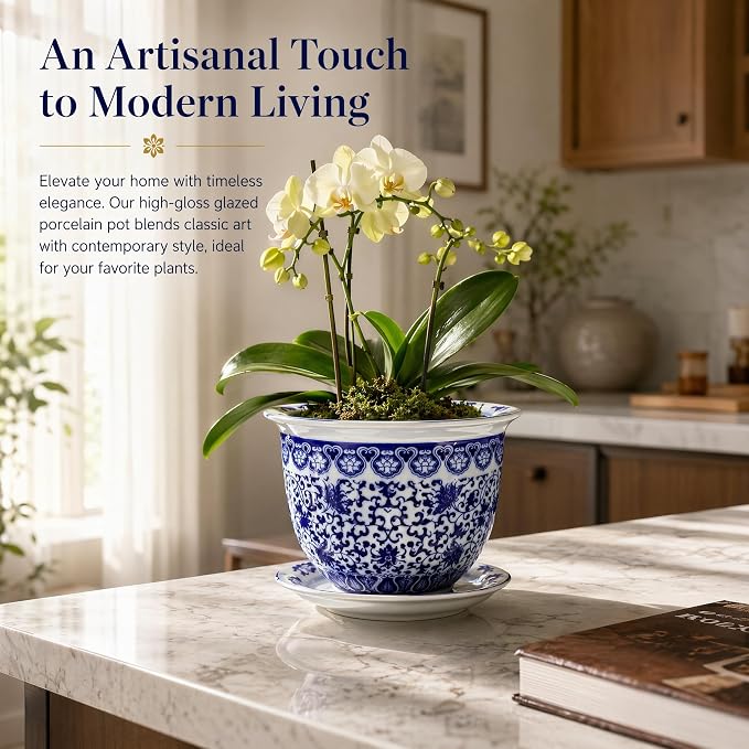 Blue and White Flower Pot with Drain Hole, Blue and White Planter Ceramic Ceramic Decorative Flower Pot Chinoiserie Planter, Diameter 6.7 inch