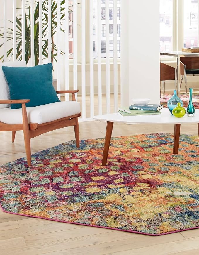 Unique Loom Jardin Collection Colorful, Vibrant, Abstract, Modern Area Rug (5' 0 x 5' 0 Octagon, Multi/Blue)