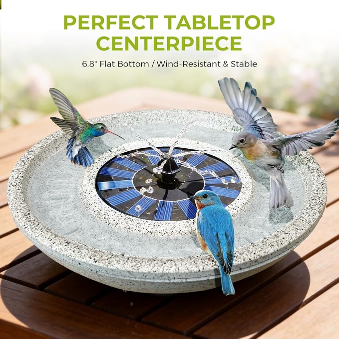 Solar Fountain Bird Bath of Outside Faux Rock Granite Look 12.5" Tabletop Water Bowl with 6 Nozzles Bird Bath Bubbler for Hummingbird Wild Birds Outdoors Garden Patio Lawn