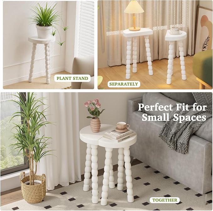 LitaEther Bobbin Side Table, Solid Wood Half Moon End Table, Small Wooden Accent Table with Chunky Turned Legs, Plant Stand for Living Room Bedroom Entryway, Modern Farmhouse Bedside Table, White