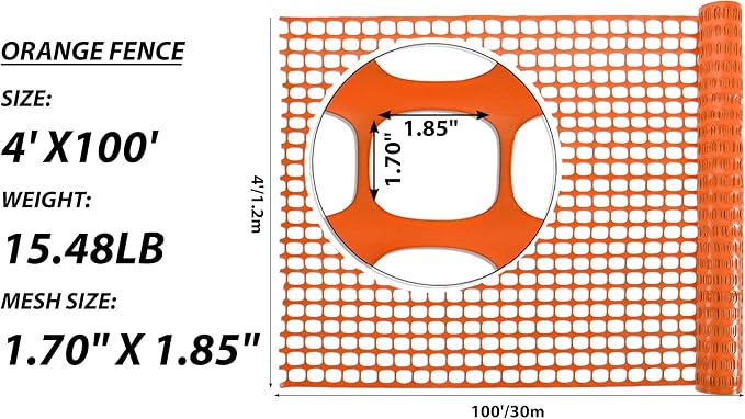 PotatoLife Plastic Mesh Fence Safety Fence, 4'x100' Roll with 100 Zip Ties, Resuable Temporary Netting for Garden Fencing, Construction, Snow Fencing, Animal Barrier, Poultry, Deer, Patio, Orange
