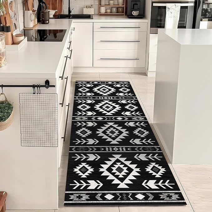 Western Runner Rug 2x6 for Hallway Kitchen Bedroom, Southwestern Aztec Tribal Runner Rugs Southwest Navajo Machine Washable Rug Non-Slip Printed Low-Pile Floor Carpet Mat for Living Room, Black