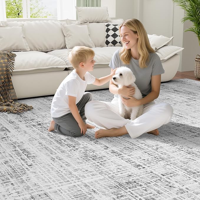6x9 Washable Area Rug for Living Room Bedroom: Non-Slip Modern White Gray | Machine Washable TPR Backing, Stain-Resistant Low Pile, Pet & Kid Friendly, Abstract Decor for Dining Room, Dorm, Home Office