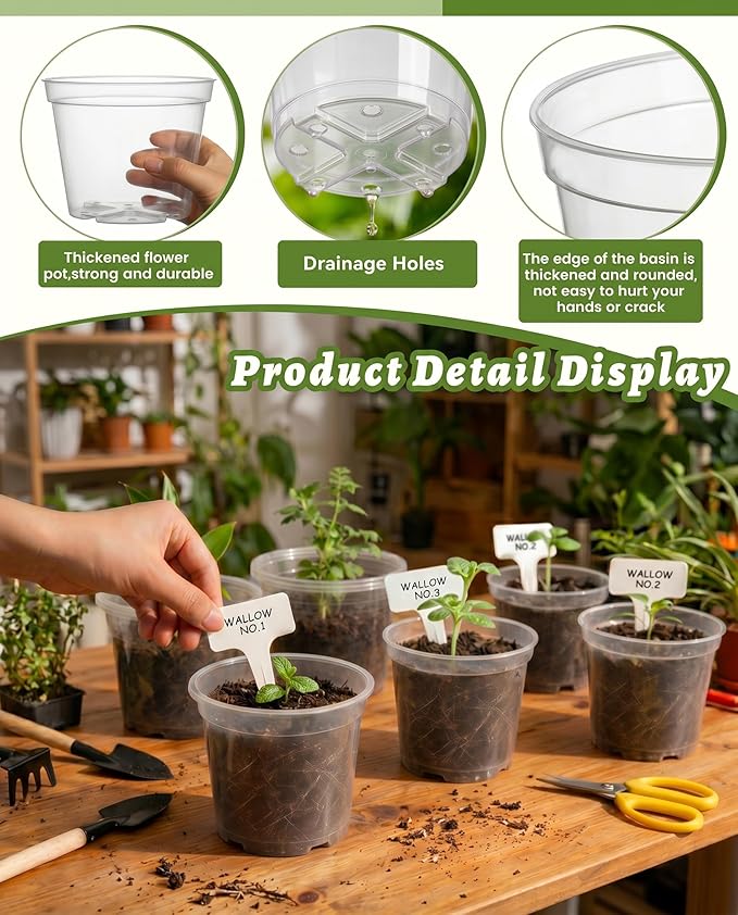 10/8/6/4 Inch Sizes Large Clear Nursery Pots with Drainage -16 Pack Plastic Plant Pots with Garden Tools & Labels, Seedling Pots for Transplanting Succulents Flowers Herb Vegetables