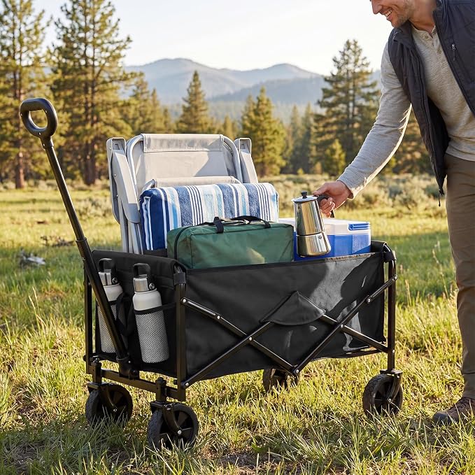 OLIXIS Collapsible Wagon 67L Compact Lightweight Utility Folding Wagon Cart with Wheels – 220 lbs Weight Capacity, Flexible Handle for Beach, Grocery, Camping, Shopping, Sports & Garden, Black