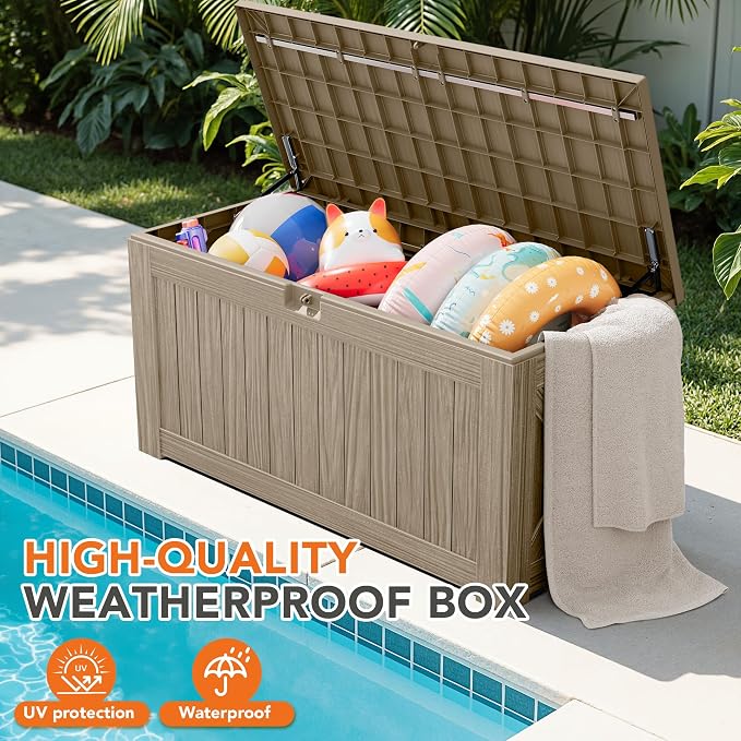 130 Gallon Deck Box Outdoor Indoor Waterproof Storage Box for Patio Furniture, Pool Accessories, Garden Tools, and Cushion Storage, Coffee