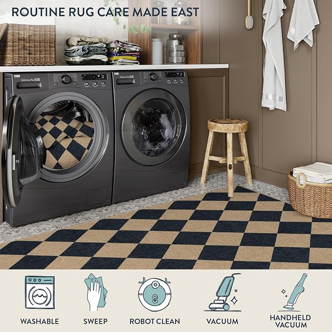 Lahome Checkered Easy Jute 5x7 Area Rugs, Washable Outdoor Patio Rug for Living Room Diamond Indoor Outdoor Carpet, Farmhouse Geometric Non Slip Black Carpet for Backyard Dining Room