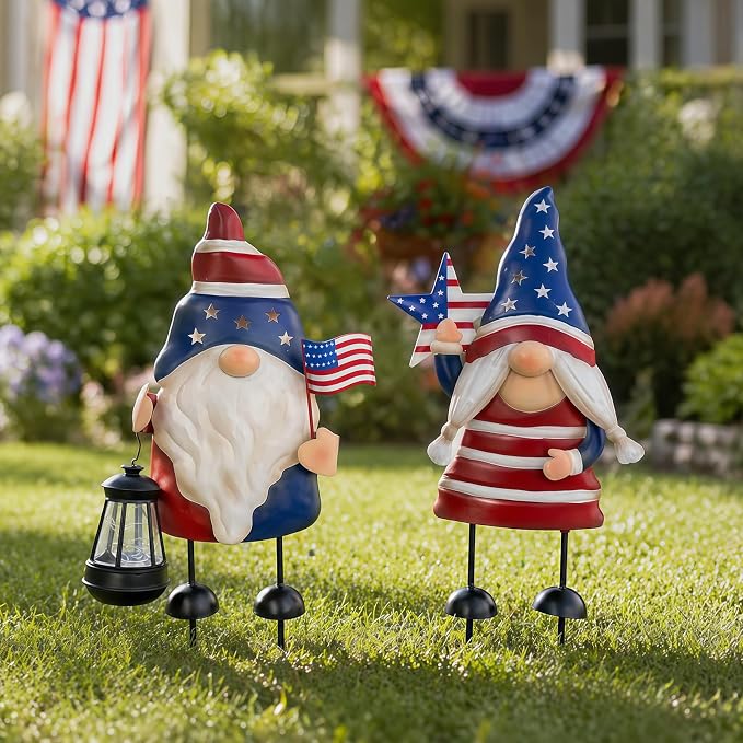 Solar Patriotic Gnomes Garden Stakes - 4th of July Decorations 25" American Flag Garden Gnomes Outdoor Decor for Outdoor & Memorial Day Yard Art 2 Pack