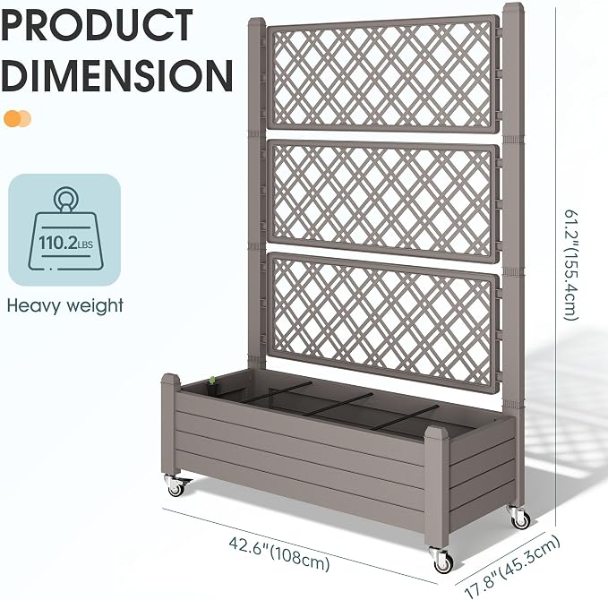 Resin Raised Garden Bed with Trellis and Wheels - Plasitc Planter Box with Trellis Outdoor with Drainage Holes & Water Monitor for Climbing Plants, Flower, Medium Gray(61.2" H)
