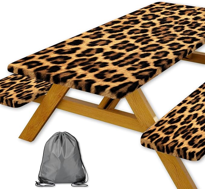 Picnic Table Cover with Bench Covers and Bag, Cheetah Leopard Print Waterproof Windproof, Fitted Tablecloth Cover with Elastic Edge, for Indoor & Outdoor, Garden, Camping, 3 Pieces Set, 30x96 Inch