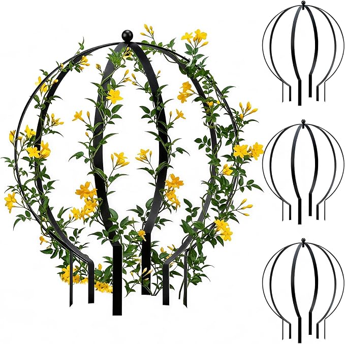 4 PCS Large Metal Round Trellis for Climbing Plants, Heavy Duty Thick Rustproof Obelisk, Garden Sphere Frame for Potted Roses Vines, Outdoor Garden Decor, Easy Assembly (25.2" x 21.3")