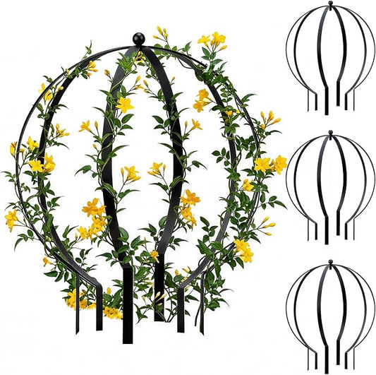 4 PCS Large Metal Round Trellis for Climbing Plants, Heavy Duty Thick Rustproof Obelisk, Garden Sphere Frame for Potted Roses Vines, Outdoor Garden Decor, Easy Assembly (25.2" x 21.3")