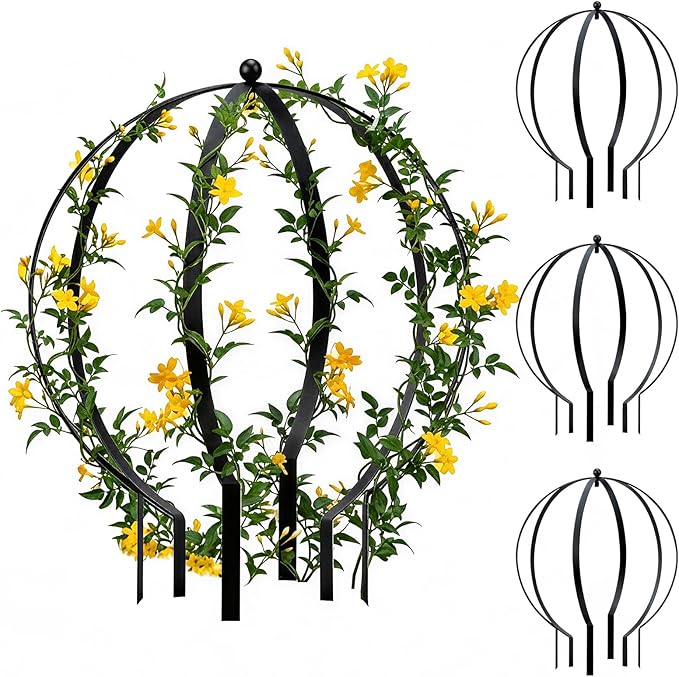 4 PCS Large Metal Round Trellis for Climbing Plants, Heavy Duty Thick Rustproof Obelisk, Garden Sphere Frame for Potted Roses Vines, Outdoor Garden Decor, Easy Assembly (18.5" x 15")