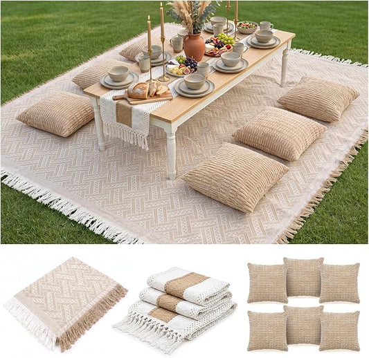 Extra Large Outdoor Rug Boho Picnic Blanket with Low Table Runner and 6 Throw Pillows Covers Set for Beach Essentials Beach Accessories Garden Party Decoration Patio Park Lawn Grass Festival Mat XL
