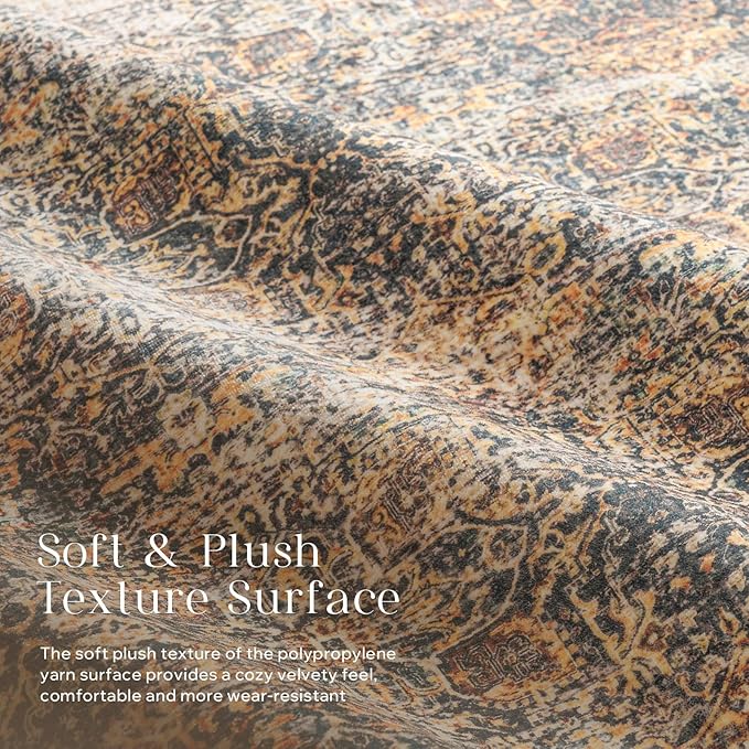 Phantoscope Washable Area Rug 5'x7' Non-Slip, Vintage Neutral Rugs for Living Room, Bedroom, Dining Room, Distressed Boho Floral Medallion Pattern, Low-Pile Foldable Carpet, Brown/Charcoal Spice