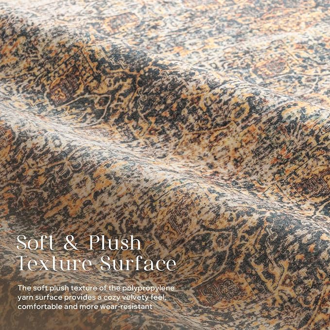 Phantoscope Washable Area Rug 6'x9' Non-Slip, Vintage Neutral Rugs for Living Room, Bedroom, Dining Room, Distressed Boho Floral Medallion Pattern, Low-Pile Foldable Carpet, Brown/Charcoal Spice
