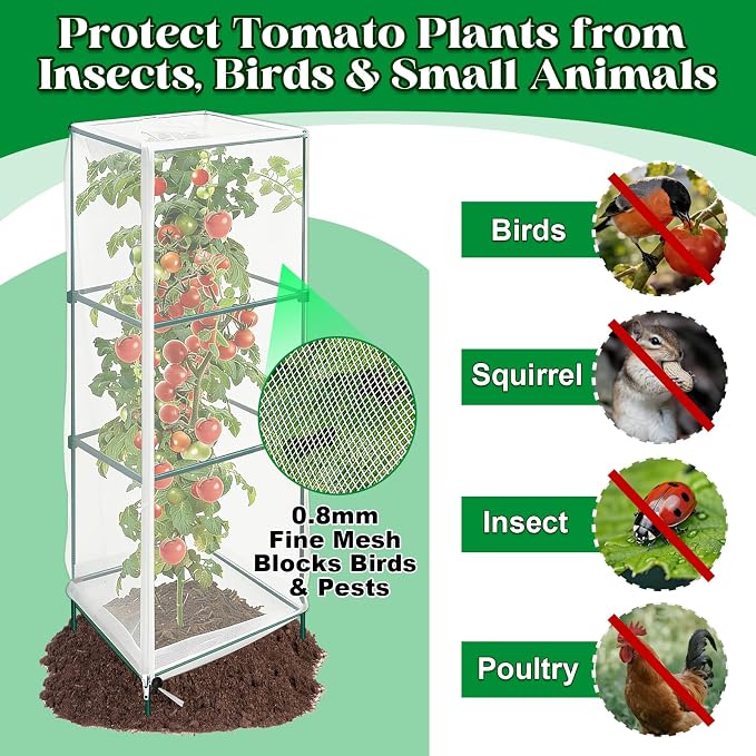 6 Pack Tomato Cage Netting Covers for Square Tomato Cages, 41.4" × 17.4" Fine Mesh Garden Netting with Easy-Access Zipper & Adjustable Drawstring, Durable Bird & Insect Barrier for Tomato Plants
