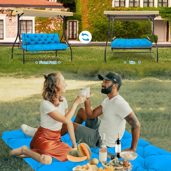 Porch Swing Cushions 3 Seater Replacement Thicken 5" Waterproof & Fade Resistant Swing Cushions for Outdoor Furniture Bench Patio Swing Cushion with Backrest & Ties(Lake Blue 70x40x5inch)