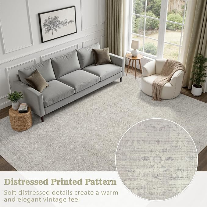 DCX Washable 6x9 Area Rug for Living Room, Soft Beige Gray Neutral Floral Rug with Non-Slip Rubber Backing, Kid & Pet Friendly Low Pile Stain Resistant Carpet for Bedroom, Nursery