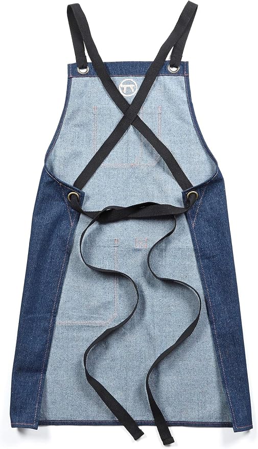 Outset Grill and Kitchen Apron, Cross Back Blue Denim Apron With Pockets, 27" x 30"