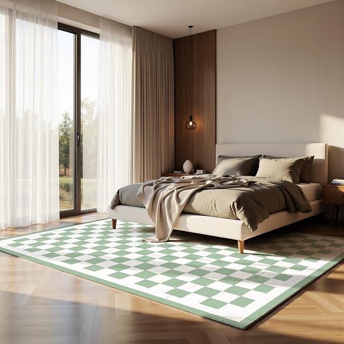 Nayoroom Sage Green Checkered 8x10 Area Rug, Soft Faux Wool Non-Slip Washable, Farmhouse Checkerboard Rug for Living Room Bedroom.