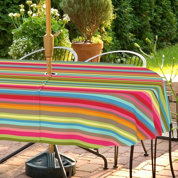 Outdoor Tablecloth with Umbrella Hole and Zipper, Oval Patio Table Covers for Spring/Summer, Machine Washable Outdoor Picnic Table Cloth (01stripes, 60" × 84" Oval)