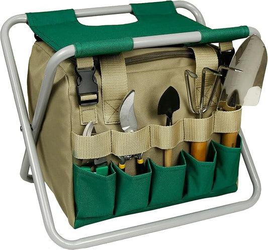 Folding Gardening Stool with Detachable Storage Tote Bag, Portable Garden Seat for Elderly Seniors, Heavy Duty Garden Chair for Gardening, Fishing, Camping, Outdoor & Indoor Use (Green+Khaki)