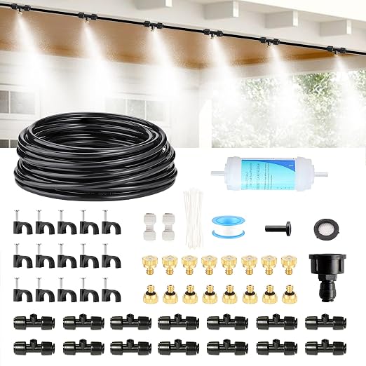 50FT Misters for Outside Patio Outdoor Misting Cooling System with Water Filter, Outdoor Mist Kit for Garden,Greenhouse,Deck,Umbrella,Canopy,Pool,Porch,Trampoline,BBQ Party