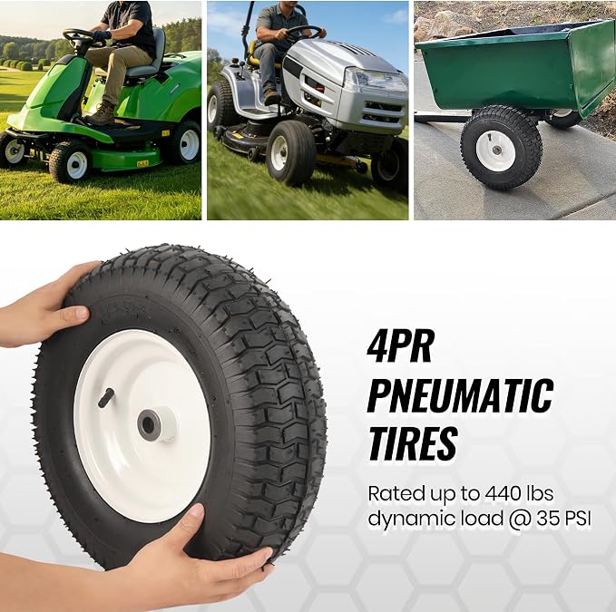 AR-PRO (2 Pack) 16x6.50-8 Pneumatic Tire and Wheel Assembly, Riding Lawn Mower Replacement Wheels with Chevron Turf Tread, 3" Centered Hub, 3/4" Bushings, 440 lb Capacity