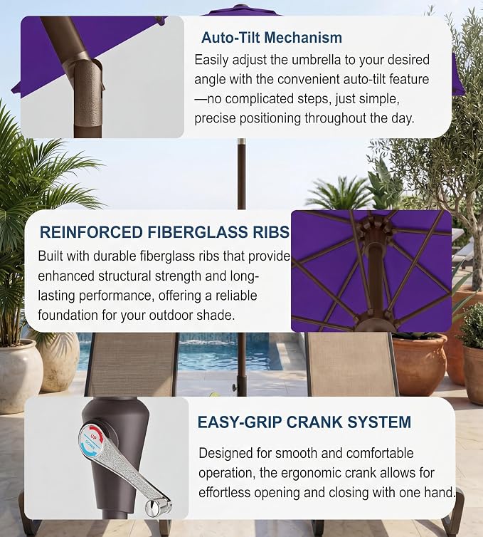 PatioKingdom Auto-Tilt 9FT Patio Umbrella Outdoor with 8 Sturdy Fiberglass Ribs,Market Table Umbrella for Pool,Backyard,Deck and Garden