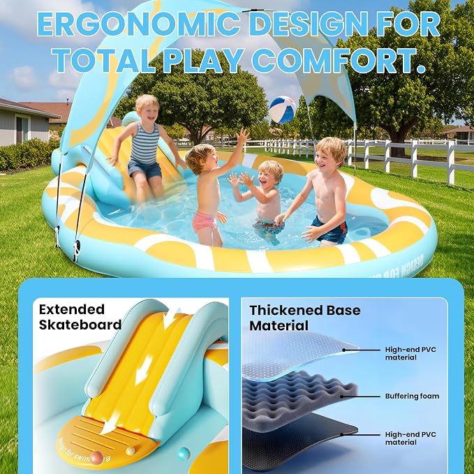 Inflatable Toddler Pool with Slide & Canopy, Backyard Kiddie Pool for Kids | Large Size 126"*72"*52", Thickened Durable, Soft Buffer Pad