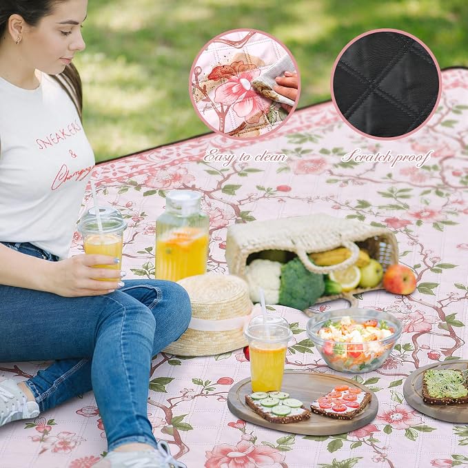 Newwiee 80 x 80 Inch Pink and Green Floral Picnic Blanket Extra Large Outdoor Chinoiserie Picnic Mat with Carry Strap Waterproof Sandproof Blanket Foldable Portable for Beach Camping Grass Lawn Park