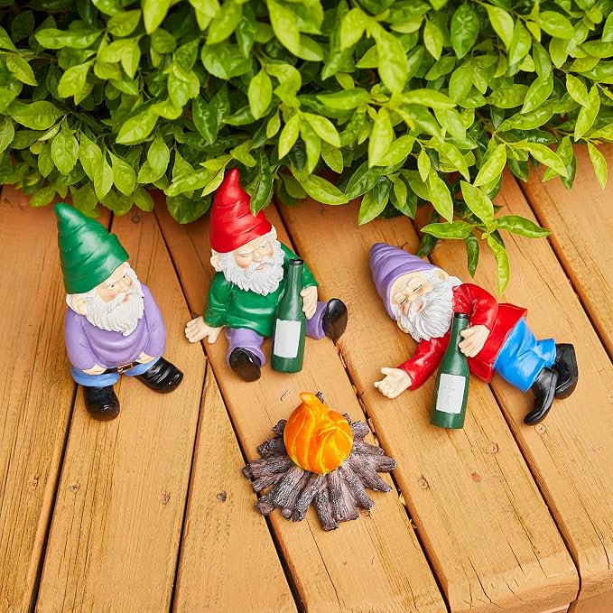 Extra Large Drunk Garden Gnomes Figurines | Set of 4 | Funny Dwarf Knomes Around Fire Pit, Adorable Naughty Drunken nombs Indoor & Outdoor Decor - Patio, Porch, Yard Lawn Art (Naughty Firepit Set)
