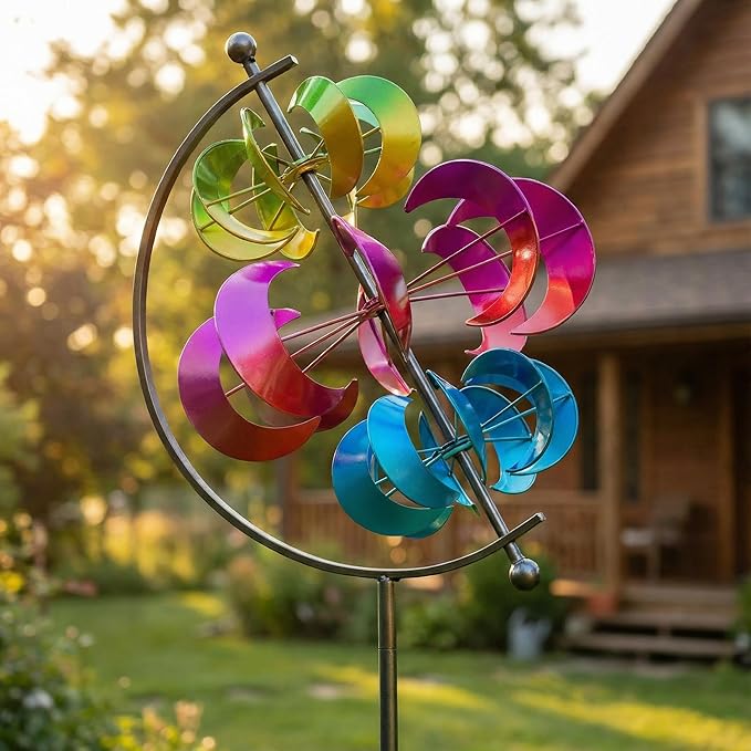 Large Kinetic Solar Wind Spinner Outdoor Metal 3D Yard Art with Stake | Multi-color wind sculpture creates a dynamic display, perfect for garden, patio, lawn and backyard outdoor decoration