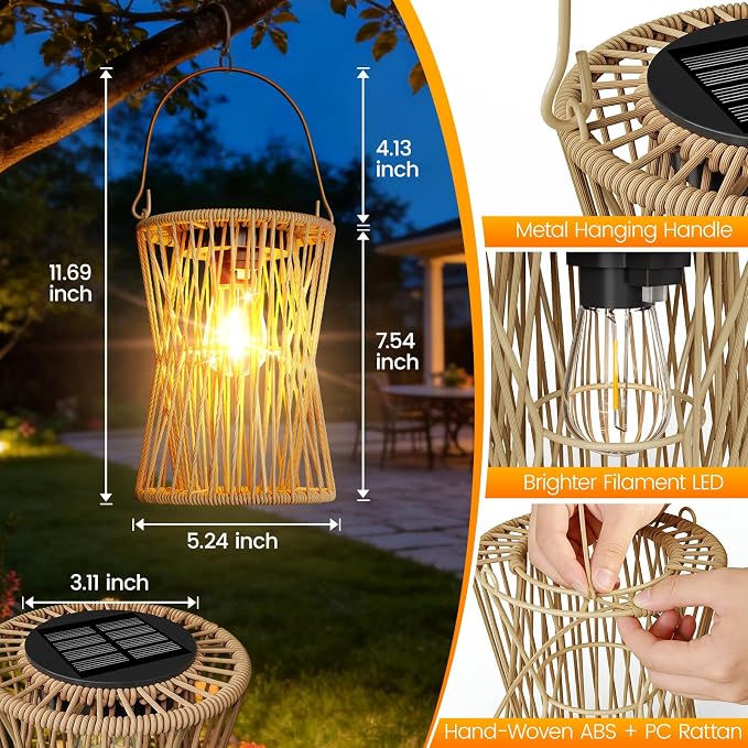 Solar Lanterns Outdoor Waterproof 4 Pack, Upgraded Rattan Hanging Solar Lights for Outside with Handle, Bright Auto On/Off Decorative Outdoor Lanterns for Patio Garden Yard Porch, Gifts for Mom