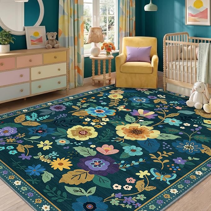 RELEANY Floral Washable 8x10 Area Rugs Teal/Purple | Flower Carpet, Print, Boho, Non-Slip, Easy to Clean, Soft, Low Pile for Living Room Bedroom Kitchen Office Entryway Hallway