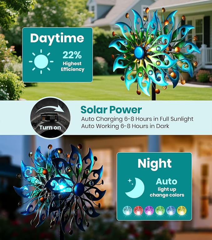 Solar Wind Spinners Outdoor, Yard Decorations Outdoor, Peacock Decor | Hand-Crafted Art,Weather-Resistant,Heavy-Duty,Whisper-Quiet Dual-Bearing,Auto-Glow Solar Crackle Ball,Stable 5-Prong Stake