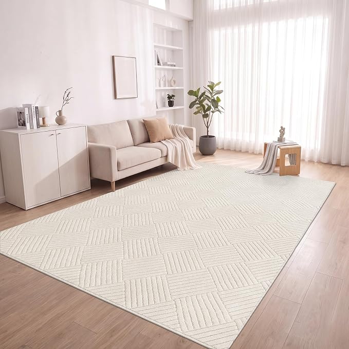 6x9 Living Room Area Rug, Beige Soft Geometric Fluffy Bedroom Mat | Washable Modern Indoor Floor Mat, Non Slip Shaggy Boho Accent Throw Carpet for Office, Dorm, Nursery and Dining Room