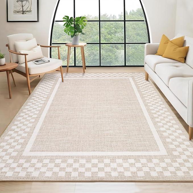 GarveeHome Small Bedroom Area Rug 3x5 Checkered Area Rug for Living Room | Nursery Non Slip Kitchen Throw Carpet Low Pile Modern Bordered Rugs Washable Beige Rugs for Laundry Entryway, Beige