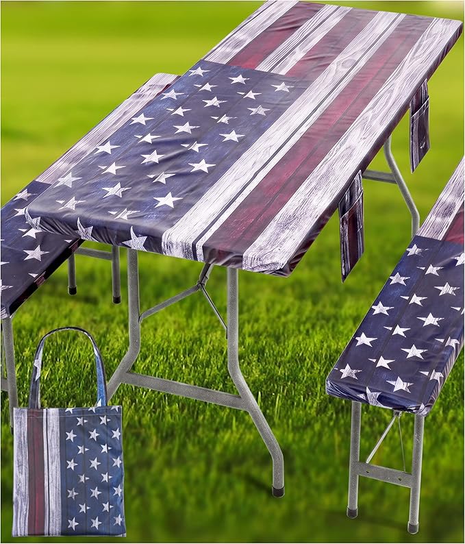 Fitted Picnic Table Cover with Bench Covers Waterproof Elastic Edges Rectangle Patio Tablecloth Outdoor Camping Essentials Stuff Rv Accessories Summer Trip Travel Supplies Party Camper Gifts, 8 ft