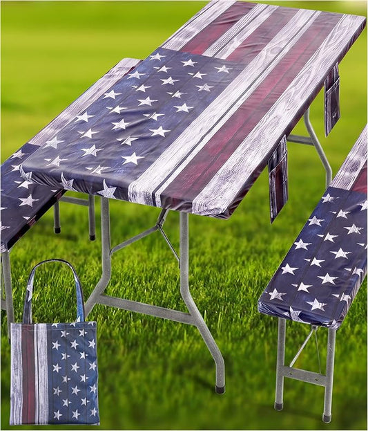 Fitted Picnic Table Cover with Bench Covers Waterproof Elastic Edges Rectangle Patio Tablecloth Outdoor Camping Essentials Stuff Rv Accessories Summer Trip Travel Supplies Party Camper Gifts, 8 ft