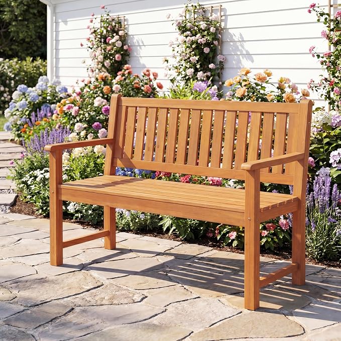 Tangkula 2-Seater Outdoor Wooden Bench, Garden Loveseat Bench with Backrest, Armrests, Slatted Seat, Loads up to 660 LBS, Fir Wood Bench Seating for Porch, Backyard, Deck, Poolside (45.5",Natural)