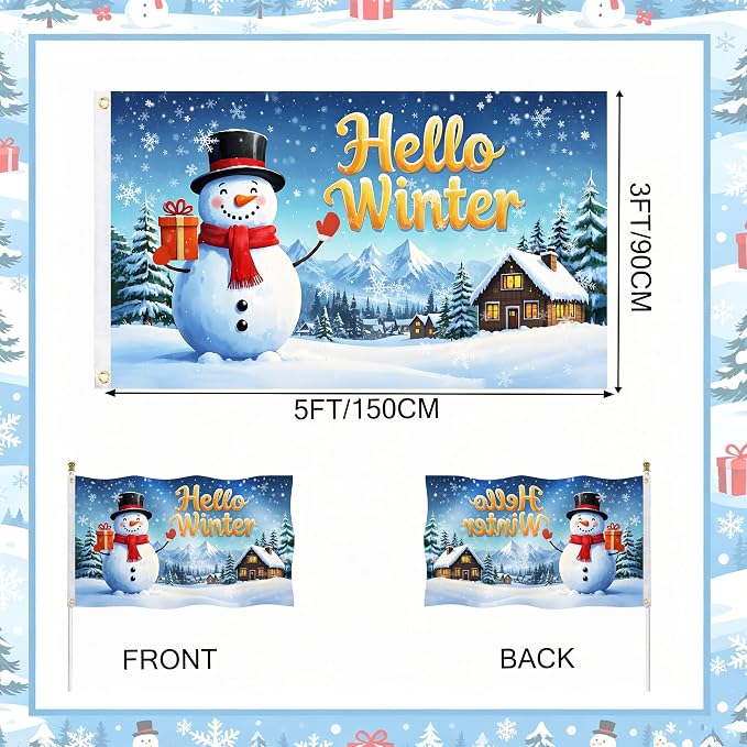 3x5ft Hello Winter Flag – Double-Sided Christmas Yard Flag with 2 Brass Grommets & White Sleeve, Outdoor Holiday Decoration for Garden, Porch, and Patio