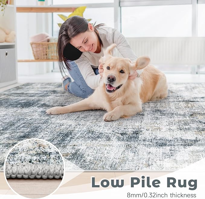 9x12 Area Rugs Washable Rug: Abstract Neutral Rugs Modern Non Slip Area Rug Stain Resistant Low Pile Indoor Carpet for Dining Room Bedroom Nursery Office (Multi Blue, 9'x12')