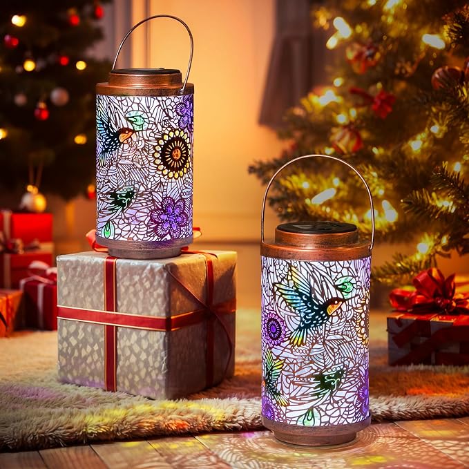 2Pack Solar Lanterns Outdoor Waterproof Hummingbird Garden Gifts for Mom, Multicolor Solar Lights Lantern for Backyard Garden, Pathway, Outside, Mothers' Day Gifts for Women Grandma